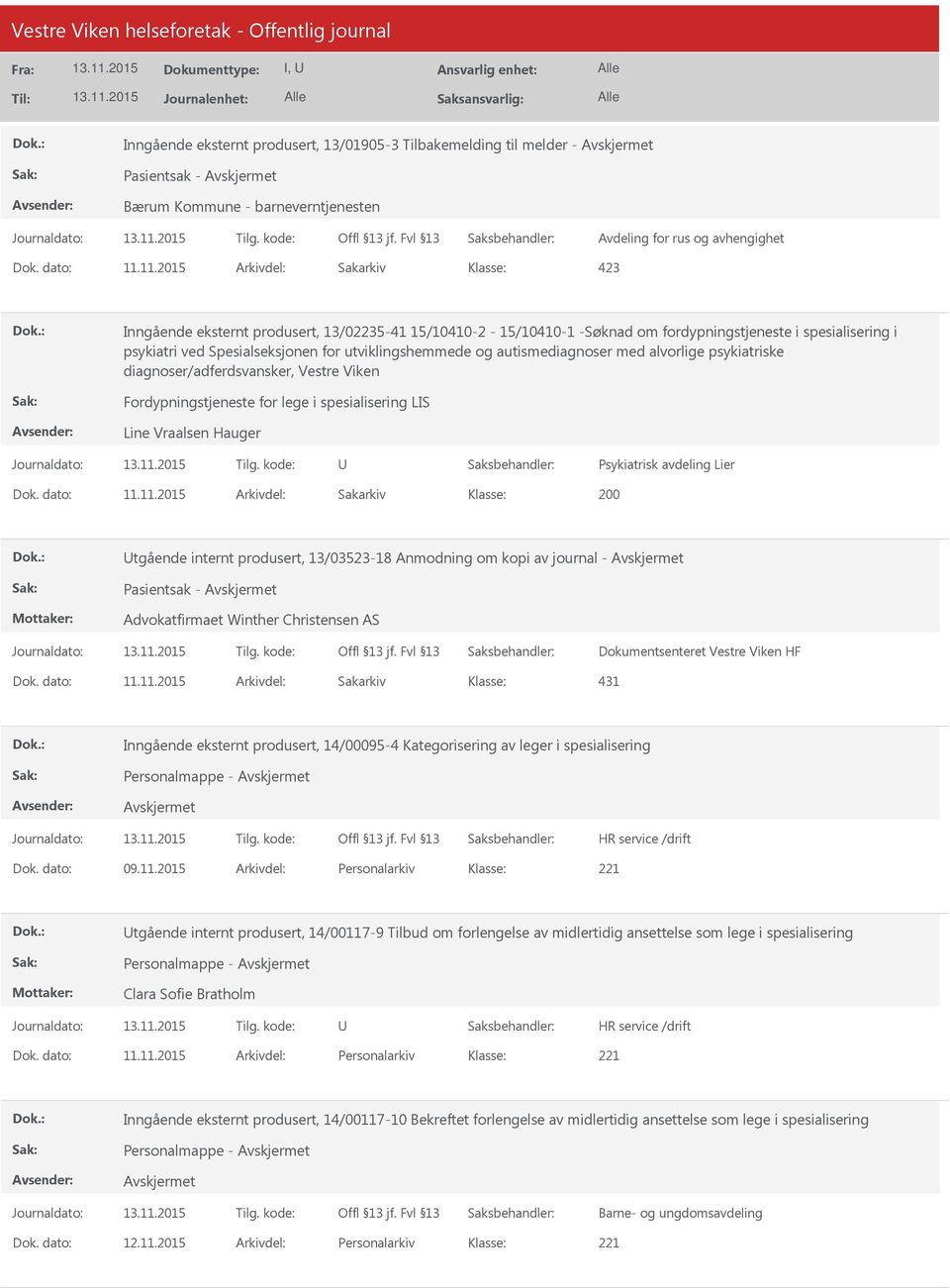 Vestre Viken Fordypningstjeneste for lege i spesialisering LIS Line Vraalsen Hauger Psykiatrisk avdeling Lier 200 tgående internt produsert, 13/03523-18 Anmodning om kopi av journal - Pasientsak -