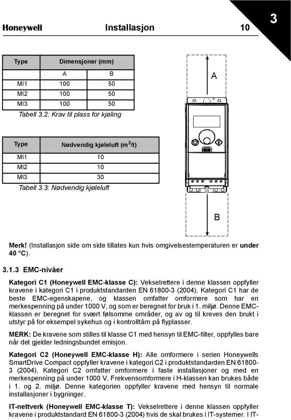 3 EMC-nivåer Kategori C1 (Honeywell EMC-klasse C): Vekselrettere i denne klassen oppfyller kravene i kategori C1 i produktstandarden EN 61800-3 (2004).