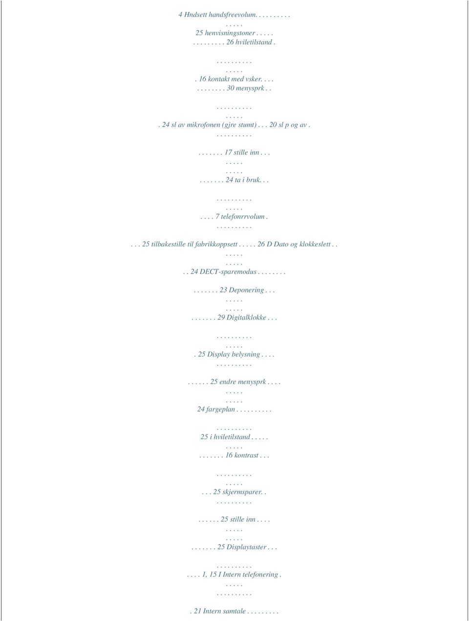 ... 24 DECT-sparemodus..... 23 Deponering..... 29 Digitalklokke.... 25 Display belysning..... 25 endre menysprk.