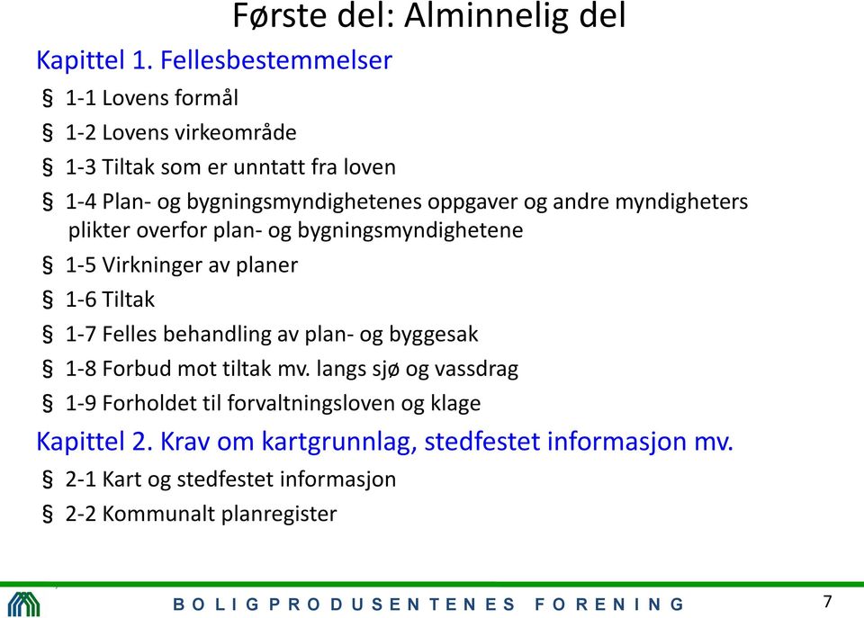 myndigheters plikter overfor plan- og bygningsmyndighetene 1-5 Virkninger av planer 1-6 Tiltak 1-7 Felles behandling av plan- og byggesak 1-8 Forbud