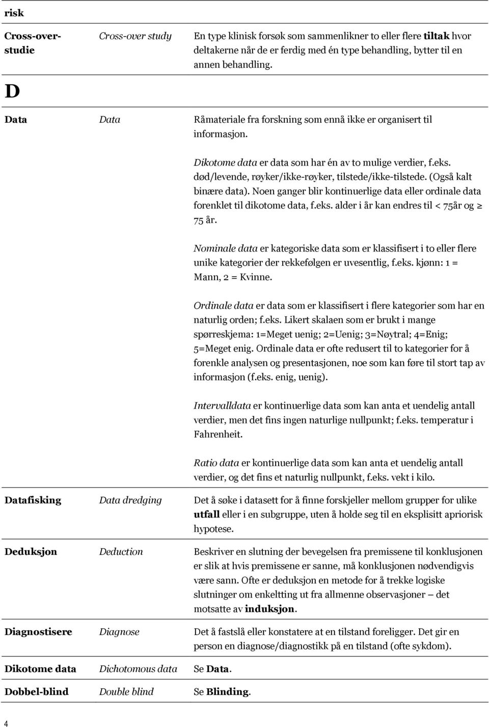 (Også kalt binære data). Noen ganger blir kontinuerlige data eller ordinale data forenklet til dikotome data, f.eks. alder i år kan endres til < 75år og 75 år.