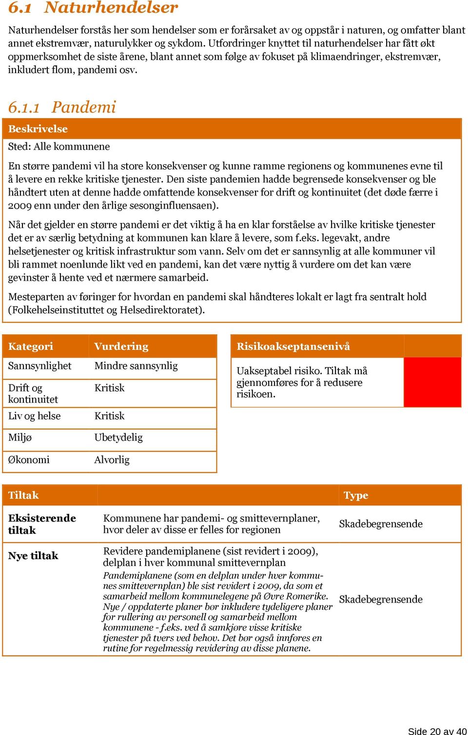 1 Pandemi Beskrivelse Sted: Alle kommunene En større pandemi vil ha store konsekvenser og kunne ramme regionens og kommunenes evne til å levere en rekke kritiske tjenester.