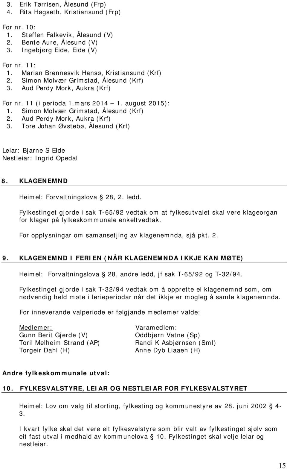 Simon Molvær Grimstad, Ålesund (Krf) 2. Aud Perdy Mork, Aukra (Krf) 3. Tore Johan Øvstebø, Ålesund (Krf) Leiar: Bjarne S Elde Nestleiar: Ingrid Opedal 8. KLAGENEMND Heimel: Forvaltningslova 28, 2.