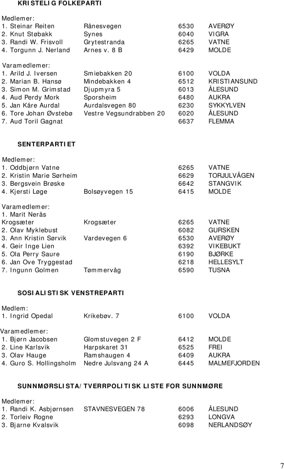 Jan Kåre Aurdal Aurdalsvegen 80 6230 SYKKYLVEN 6. Tore Johan Øvstebø Vestre Vegsundrabben 20 6020 ÅLESUND 7. Aud Toril Gagnat 6637 FLEMMA SENTERPARTIET 1. Oddbjørn Vatne 6265 VATNE 2.