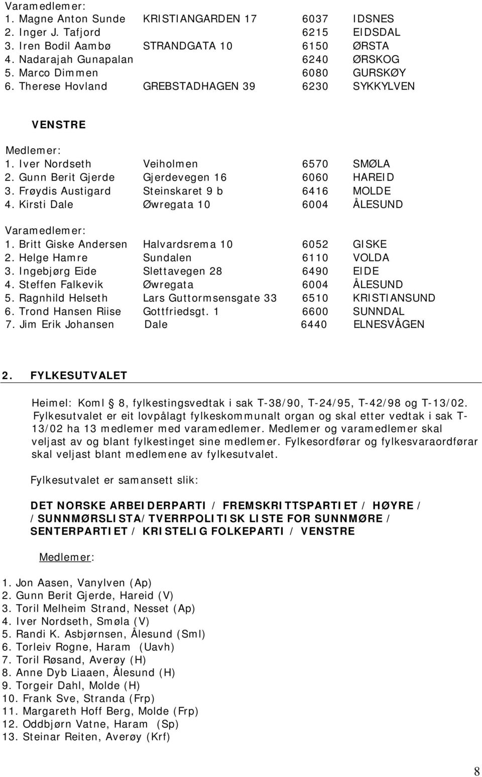 Kirsti Dale Øwregata 10 6004 ÅLESUND 1. Britt Giske Andersen Halvardsrema 10 6052 GISKE 2. Helge Hamre Sundalen 6110 VOLDA 3. Ingebjørg Eide Slettavegen 28 6490 EIDE 4.