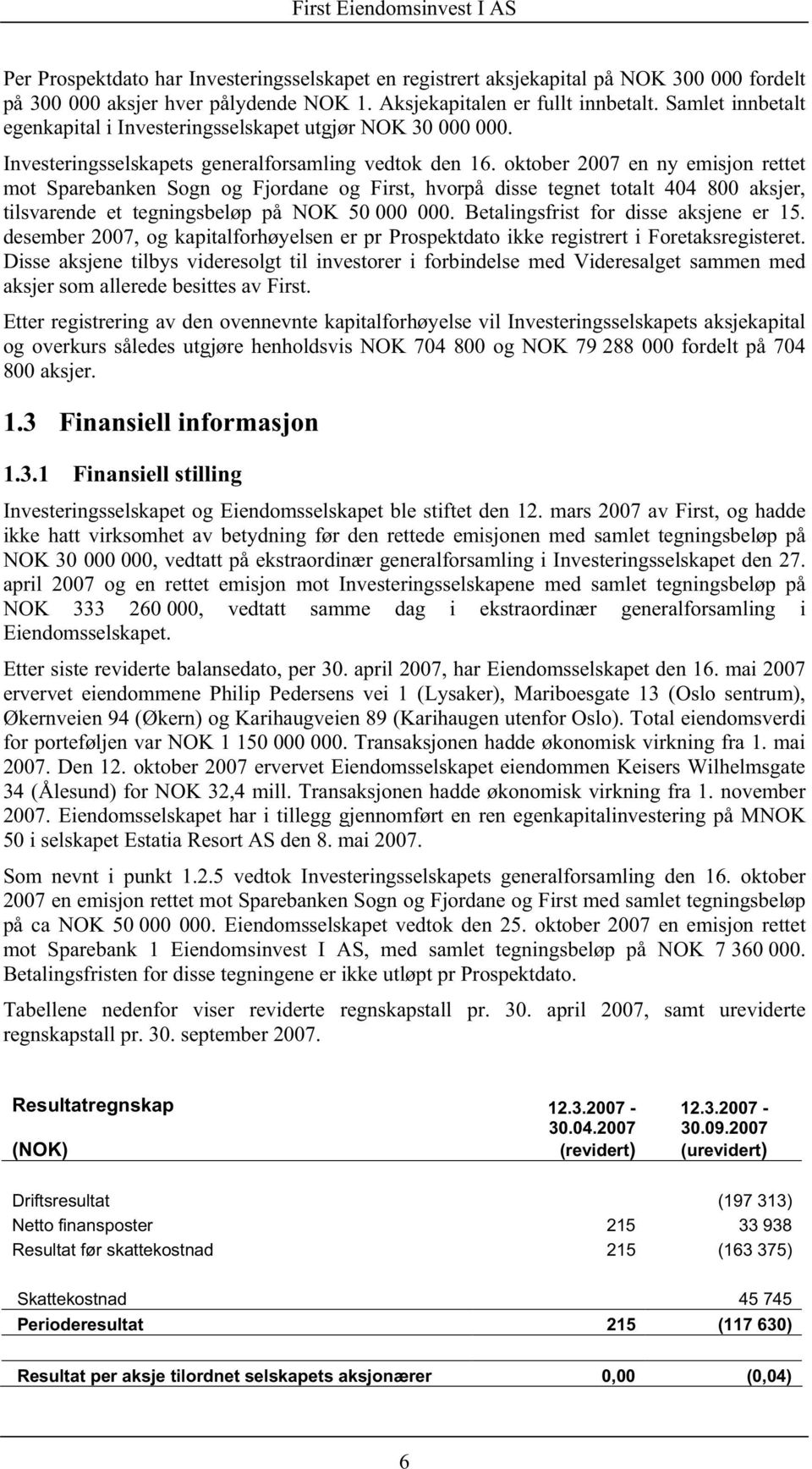 oktober 2007 en ny emisjon rettet mot Sparebanken Sogn og Fjordane og First, hvorpå disse tegnet totalt 404 800 aksjer, tilsvarende et tegningsbeløp på NOK 50 000 000.