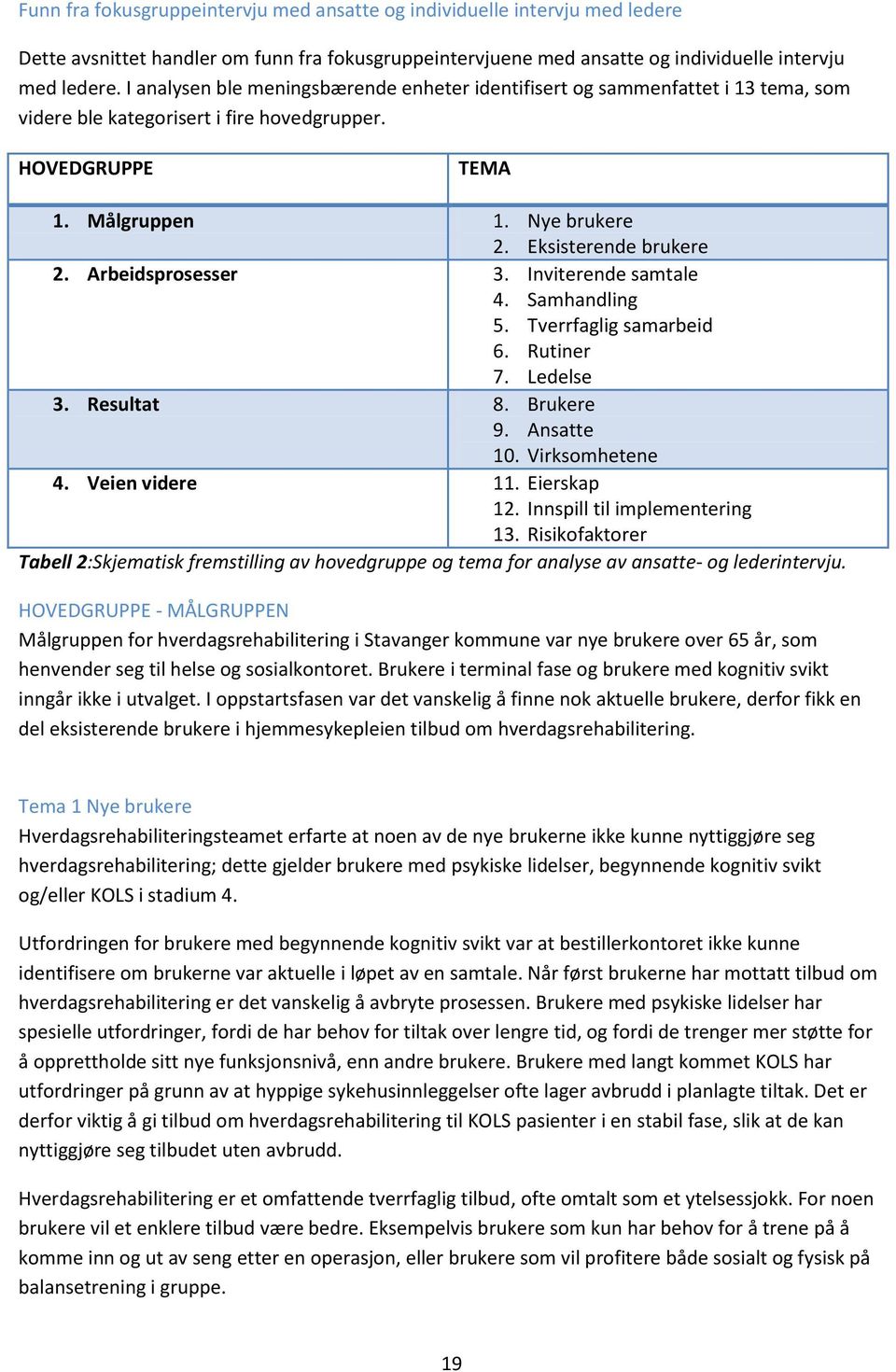 Arbeidsprosesser 3. Inviterende samtale 4. Samhandling 5. Tverrfaglig samarbeid 6. Rutiner 7. Ledelse 3. Resultat 8. Brukere 9. Ansatte 10. Virksomhetene 4. Veien videre 11. Eierskap 12.