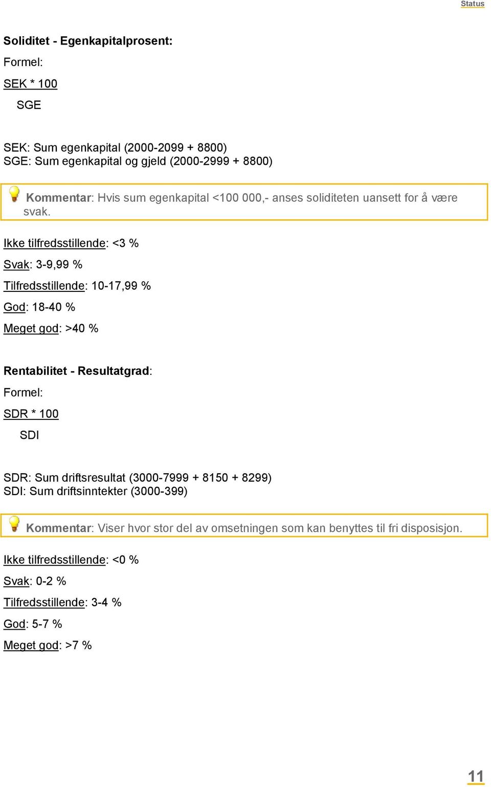 Ikke tilfredsstillende: <3 % Svak: 3-9,99 % Tilfredsstillende: 10-17,99 % God: 18-40 % Meget god: >40 % Rentabilitet - Resultatgrad: Formel: SDR * 100 SDI SDR: Sum