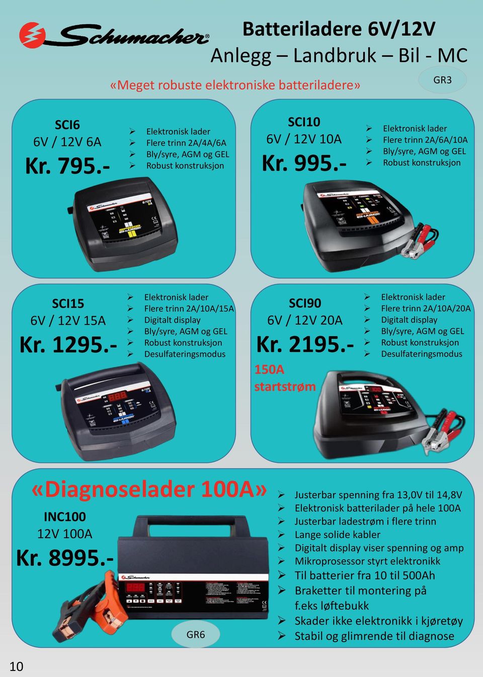 - Elektronisk lader Flere trinn 2A/6A/10A Bly/syre, AGM og GEL Robust konstruksjon SCI15 6V / 12V 15A Kr. 1295.