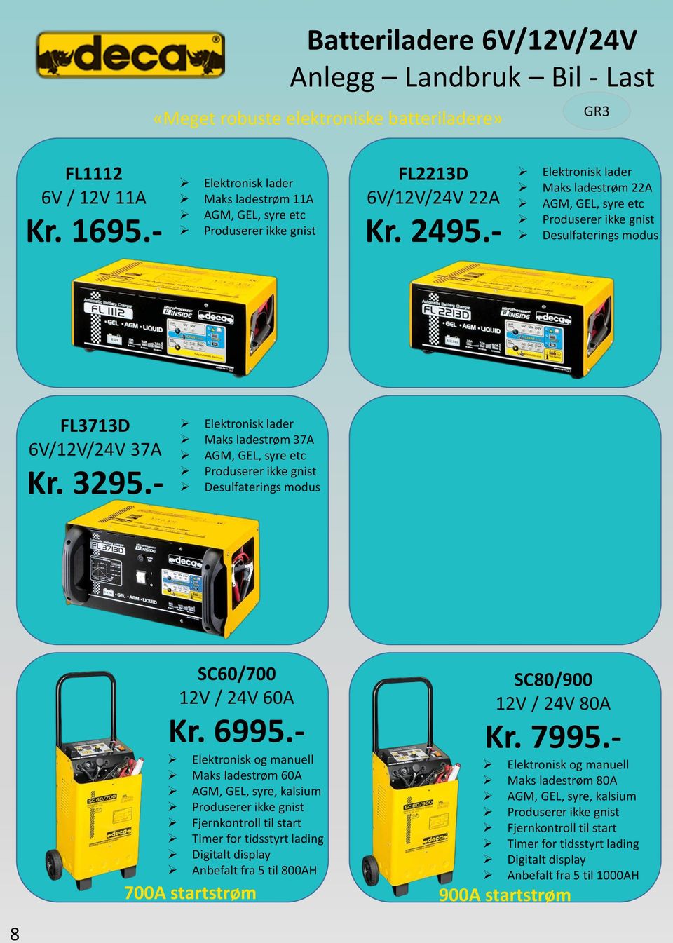 - Elektronisk lader Maks ladestrøm 22A AGM, GEL, syre etc Produserer ikke gnist Desulfaterings modus FL3713D 6V/12V/24V 37A Kr. 3295.