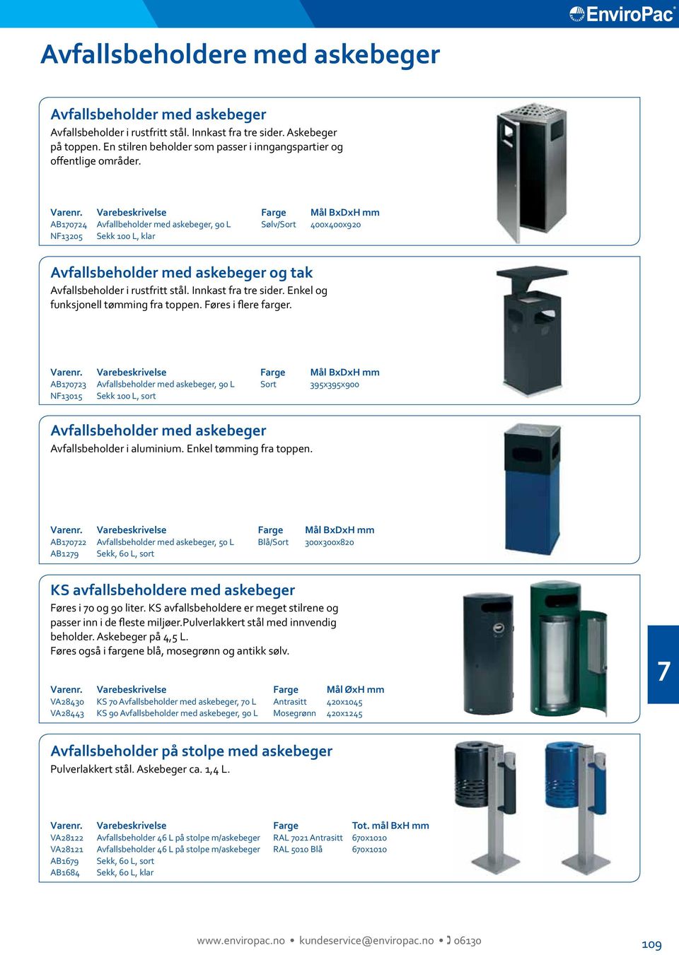 Varebeskrivelse Farge Mål BxDxH mm AB0 Avfallbeholder med askebeger, 90 L Sølv/Sort 00x00x90 NF0 Sekk 00 L, klar Avfallsbeholder med askebeger og tak Avfallsbeholder i rustfritt stål.