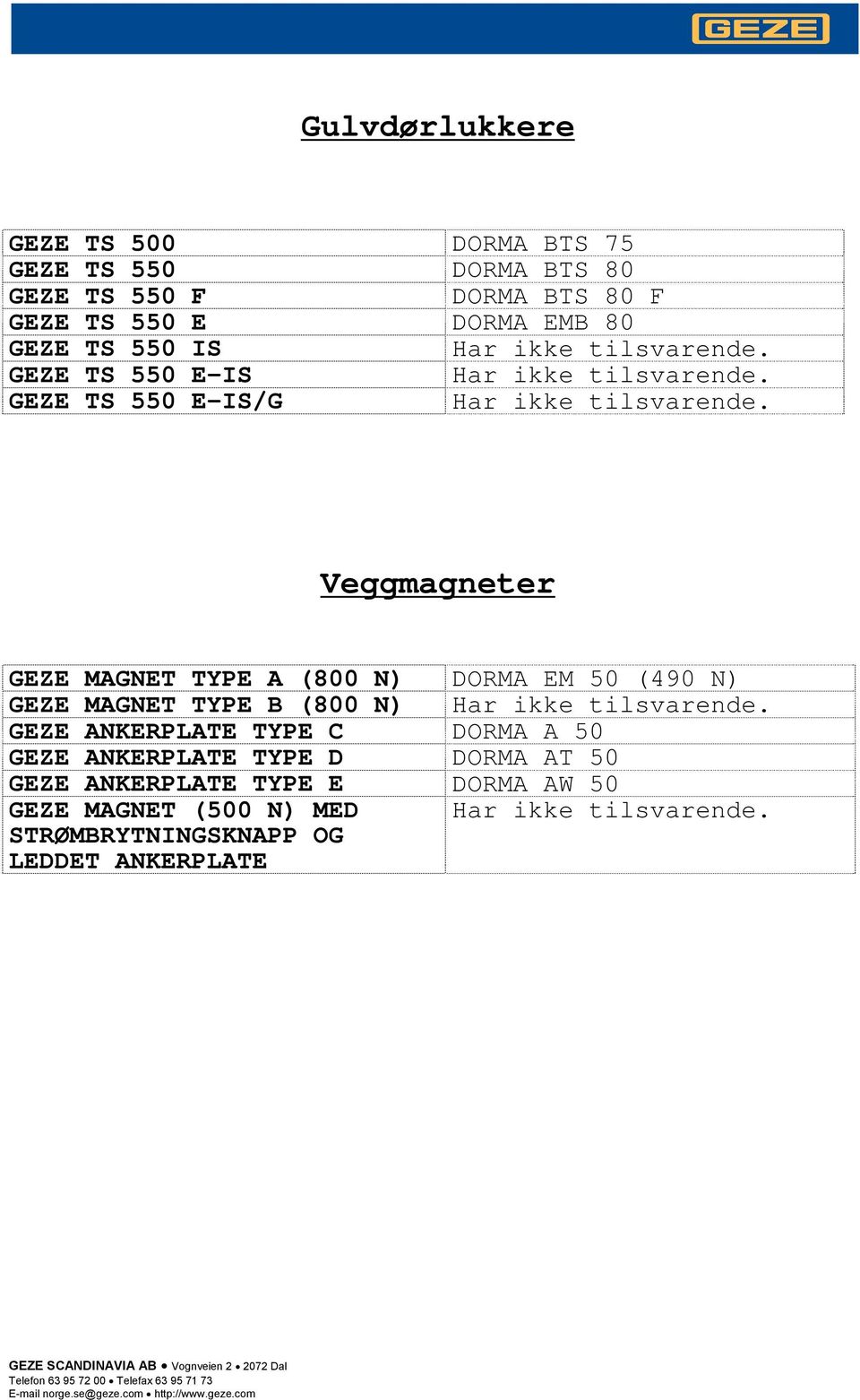 Veggmagneter GEZE MAGNET TYPE A (800 N) DORMA EM 50 (490 N) GEZE MAGNET TYPE B (800 N) Har ikke tilsvarende.