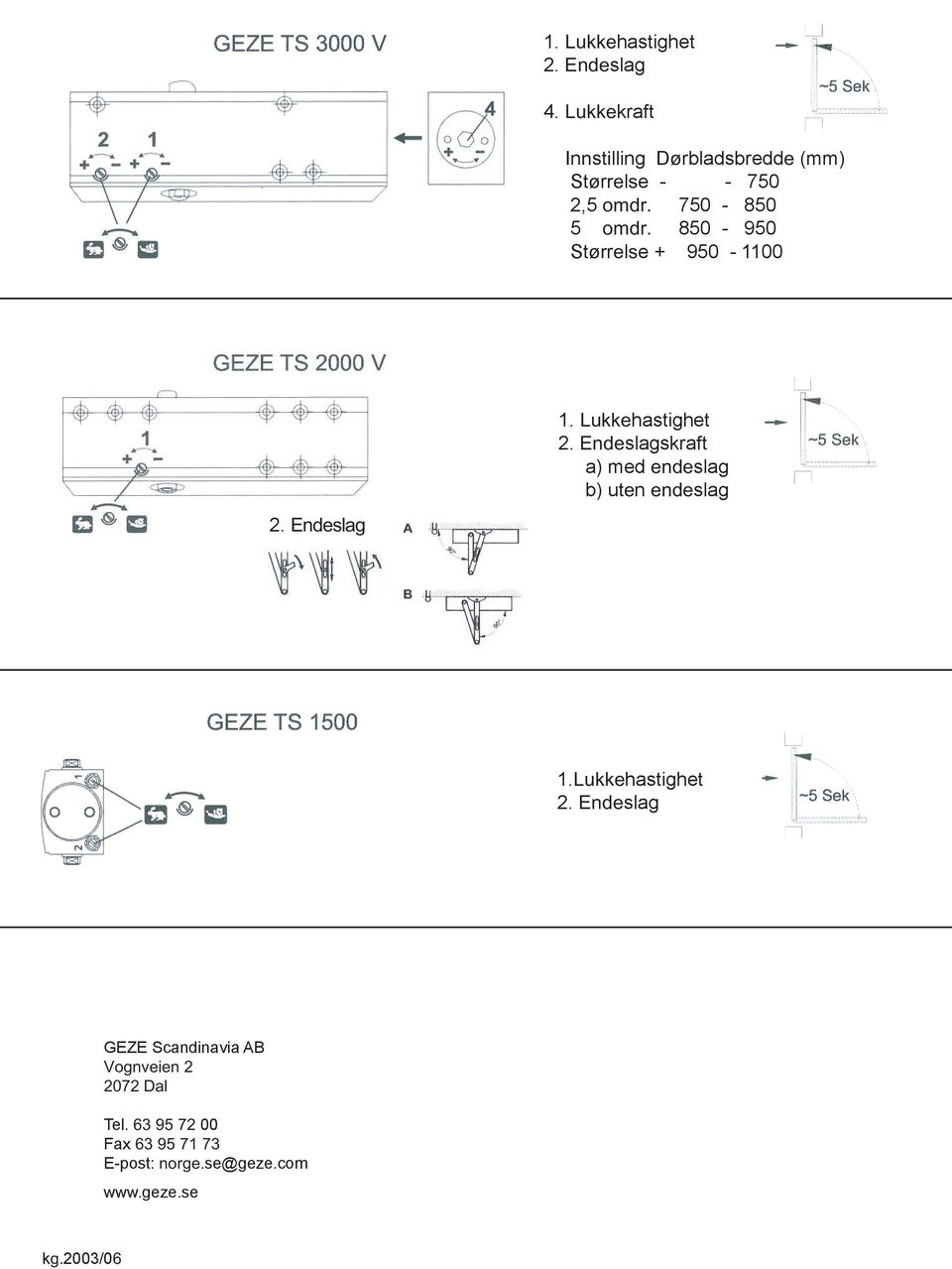 850-950 Størrelse + 950-1100 1. Lukkehastighet 2.