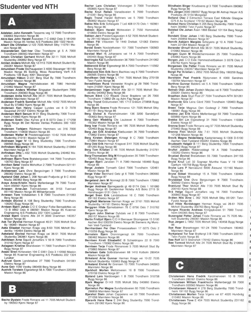 Trondheim 090563 Marintekn Ameln Christian Gerhard Moholt Aile 32-11 7035 Moholt Studenlby 2902 Berg Amllen Anders Moholl Aile 12-H13 7035 Moholl Student By 200261 Maskin Amundsen Frede Storhaugveien