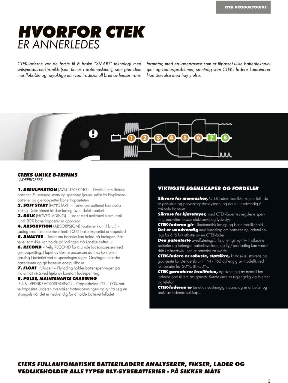 ytelse. CTEKs UNIKE 8-TRINNS LADEPROSESS 1. DESULPHATlON (AVSULFATERING) Detekterer sulfaterte batterier.