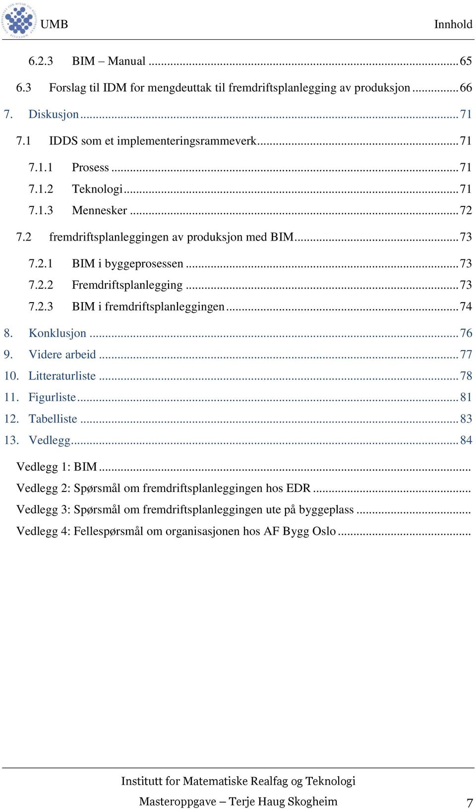 .. 74 8. Konklusjon... 76 9. Videre arbeid... 77 10. Litteraturliste... 78 11. Figurliste... 81 12. Tabelliste... 83 13. Vedlegg... 84 Vedlegg 1: BIM.