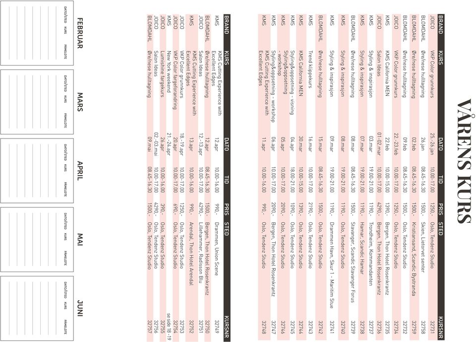 -23.feb 10.00-17.00 1250,- Oslo, Tendenz Studio 32734 KMS KMS California MEN 22.feb 10.00-15.00 1390,- Bergen, Thon Hotel Rosenkrantz 32735 JOICO Salon Ideas 01-02.mar 10.00-17.00 4290,- Bergen, Thon Hotel Rosenkrantz 32736 KMS Styling & inspirasjon 03.