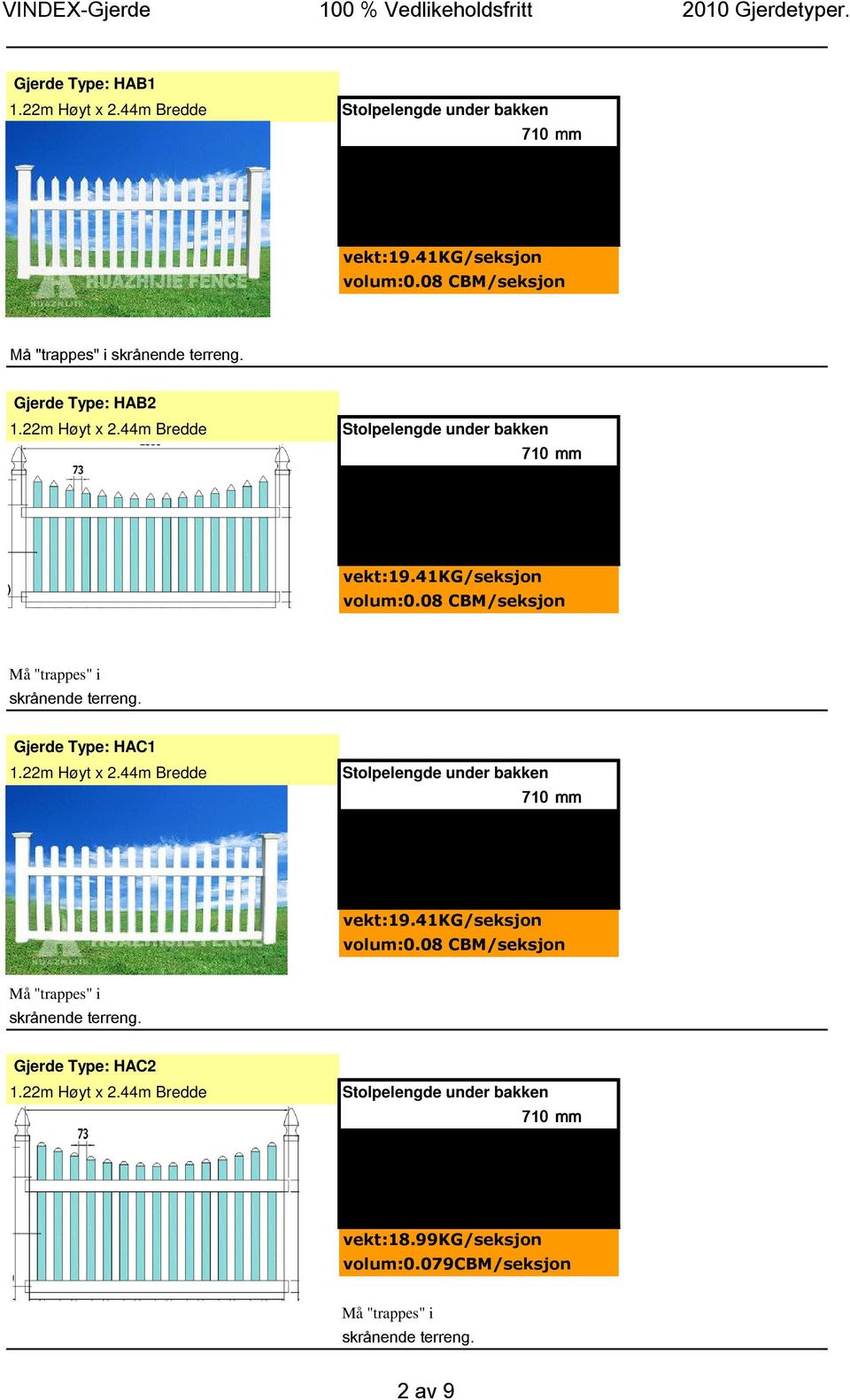 08 CBM/seksjon Gjerde Type: HAC1 509,58 vekt:19.41kg/seksjon volum:0.