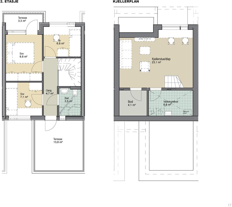 m² Bad 3,5 m² Nedsenket takhøyde 2 400 mm Vaskerom/bod Fjernvarmesentral