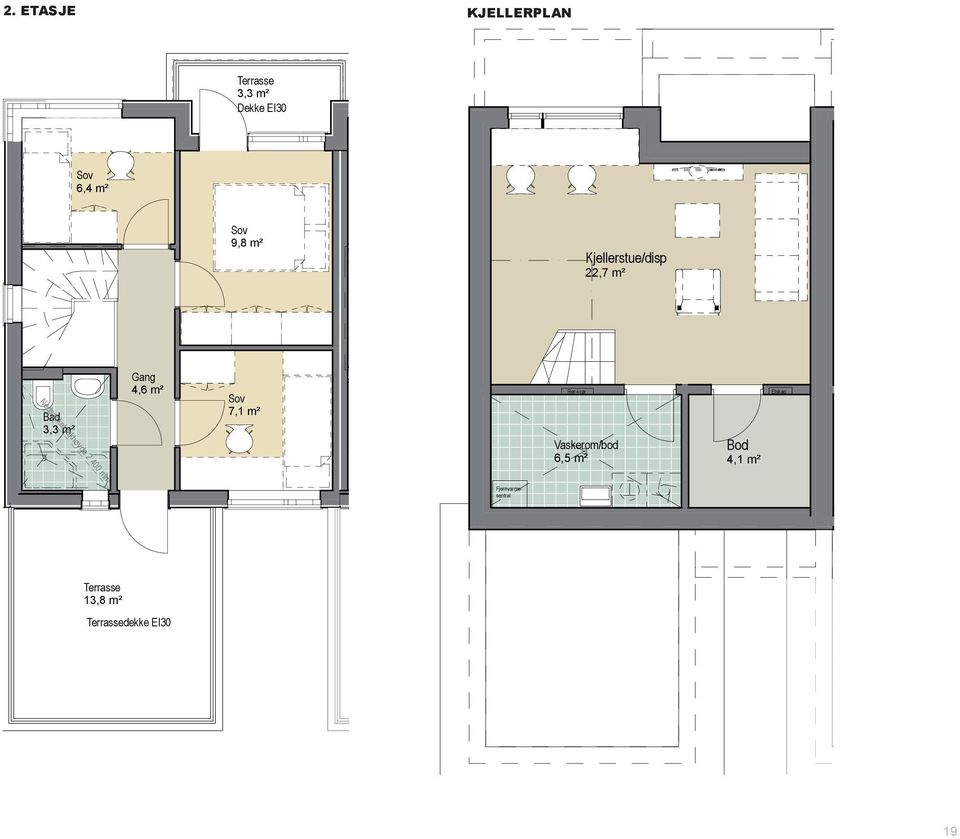 Nedsenket takhøyde 2 400 mm Bad 3,5 m² Rør-i-rør Vaskerom/bod 6,5 m² Bod 4,1 m² Elskap