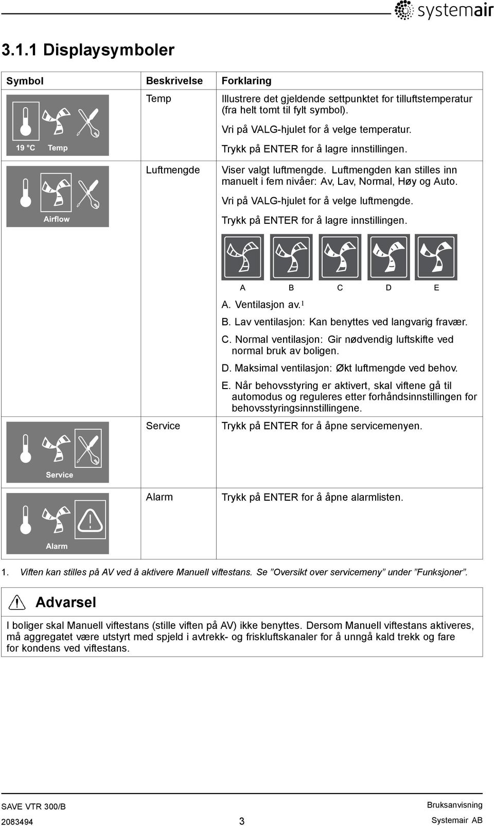 Luftmengden kan stilles inn manuelt i fem nivåer: Av, Lav, Normal, Høy og Auto. Vri på VALG-hjulet for å velge luftmengde. Trykk på ENTER for å lagre innstillingen. Service A. Ventilasjon av. 1 B.