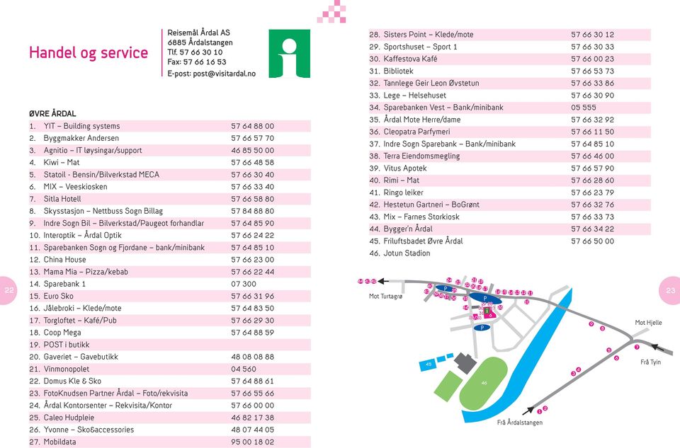 Skysstasjon Nettbuss Sogn Billag 57 84 88 80 9. Indre Sogn Bil Bilverkstad/Paugeot forhandlar 57 64 85 90 10. Interoptik Årdal Optik 57 66 24 22 11.