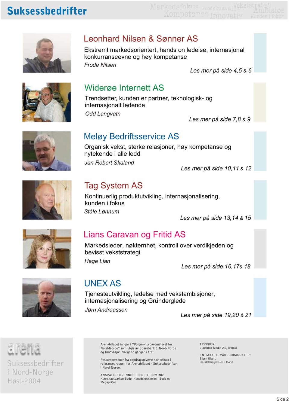 Skaland Tag System AS Kontinuerlig produktutvikling, internasjonalisering, kunden i fokus Ståle Lønnum Les mer på side 13,14 & 15 Lians Caravan og Fritid AS Markedsleder, nøkternhet, kontroll over