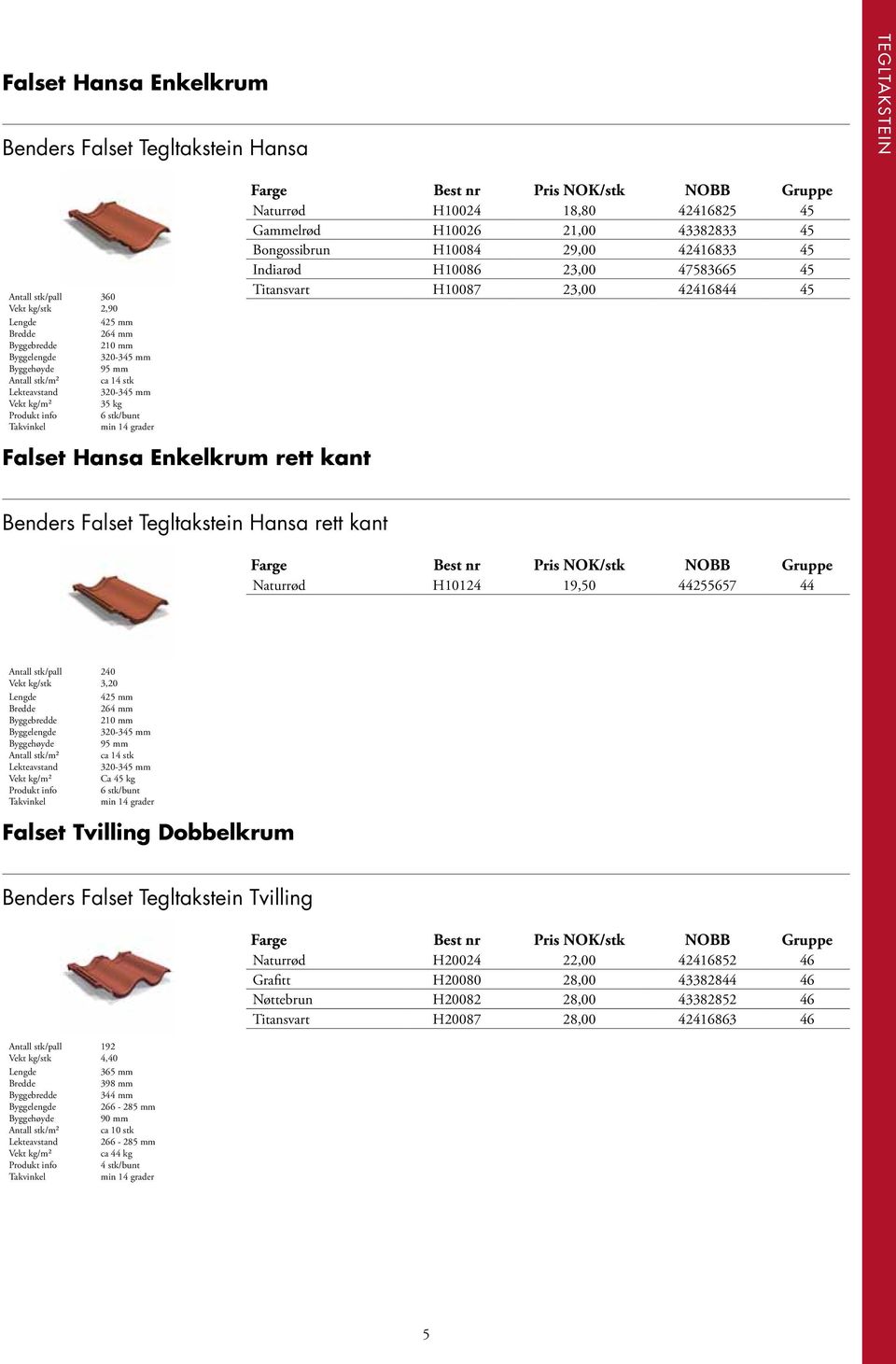 Bongossibrun H10084 29,00 42416833 45 Indiarød H10086 23,00 47583665 45 Titansvart H10087 23,00 42416844 45 Benders Falset Tegltakstein Hansa rett kant Naturrød H10124 19,50 44255657 44 Antall