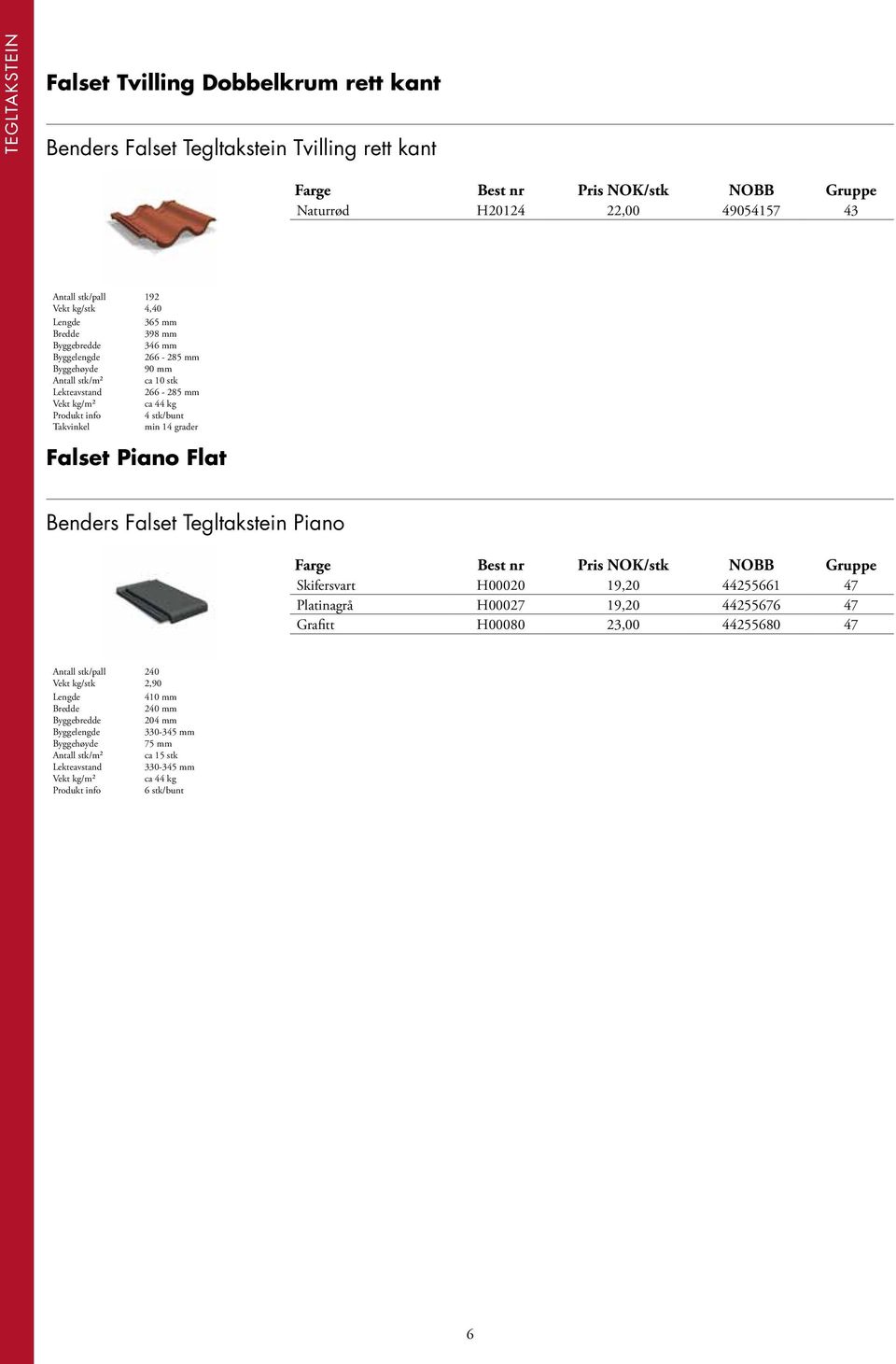Falset Piano Flat Benders Falset Tegltakstein Piano Skifersvart H00020 19,20 44255661 47 Platinagrå H00027 19,20 44255676 47 Grafitt H00080 23,00 44255680 47 Antall stk/pall 240