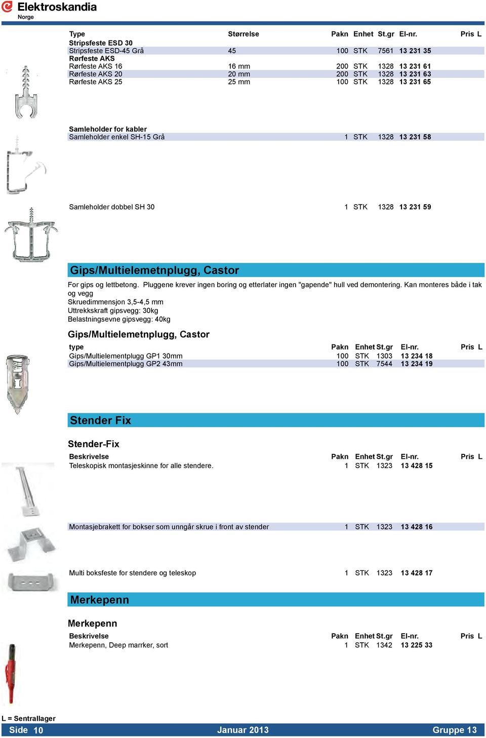 100 STK 1328 13 231 65 Samleholder for kabler Samleholder enkel SH-15 Grå 1 STK 1328 13 231 58 Samleholder dobbel SH 30 1 STK 1328 13 231 59 Gips/Multielemetnplugg, Castor For gips og lettbetong.