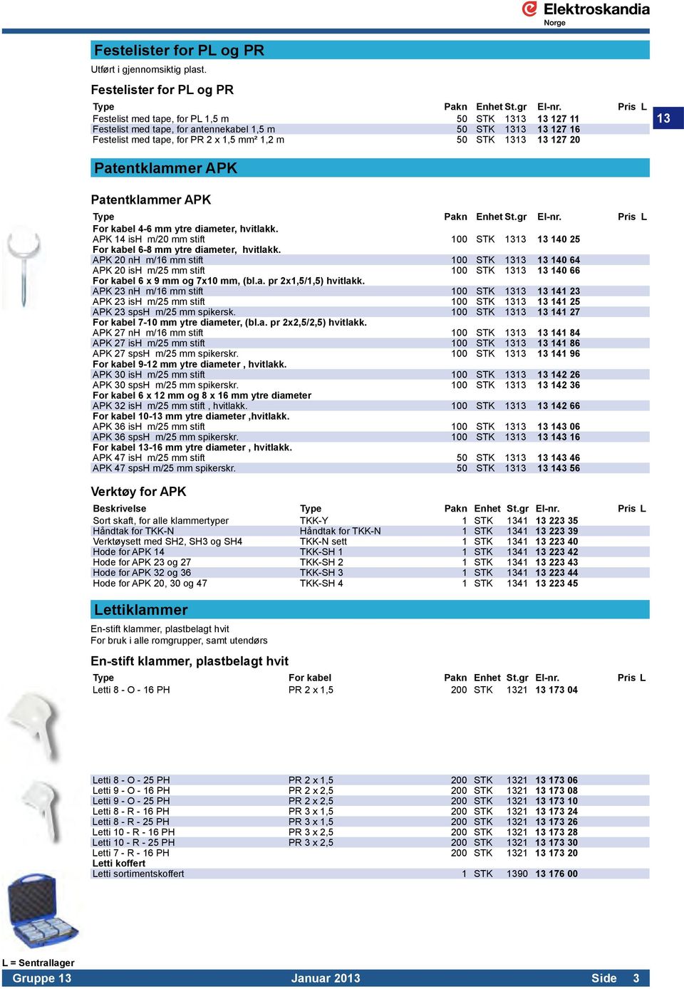 Patentklammer APK Patentklammer APK Type Pakn Enhet St.gr El-nr. Pris L For kabel 4-6 mm ytre diameter, hvitlakk.