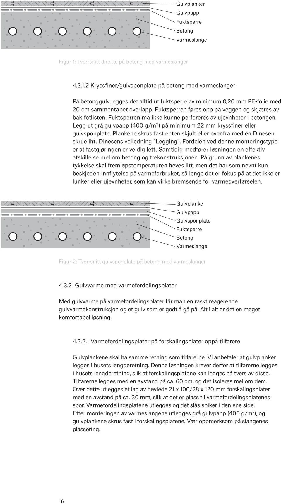 2 Kryssfiner/gulvsponplate på betong med varmeslanger På betonggulv legges det alltid ut fuktsperre av minimum 0,20 mm PE-folie med 20 cm sammentapet overlapp.