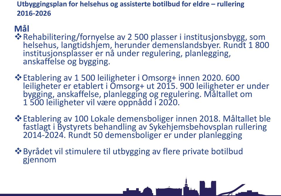 600 leiligheter er etablert i Omsorg+ ut 2015. 900 leiligheter er under bygging, anskaffelse, planlegging og regulering. Måltallet om 1 500 leiligheter vil være oppnådd i 2020.