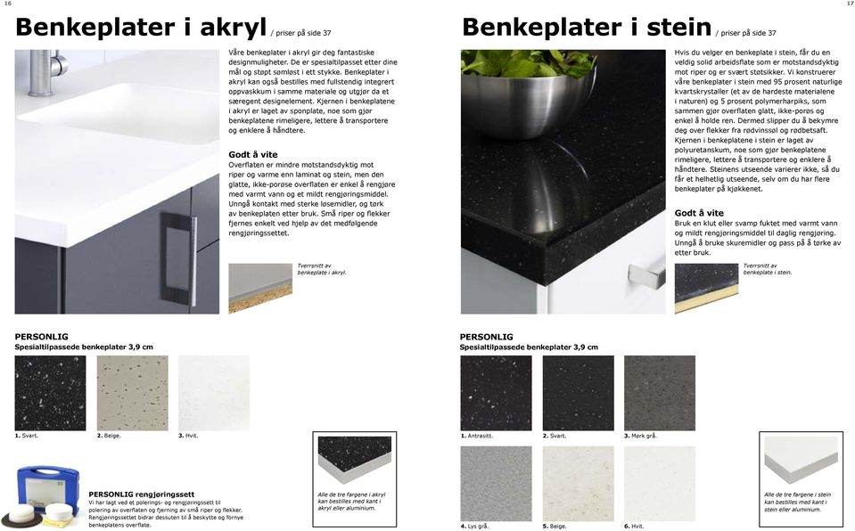 Benkeplater i akryl kan også bestilles med fullstendig integrert oppvaskkum i samme materiale og utgjør da et særegent designelement.