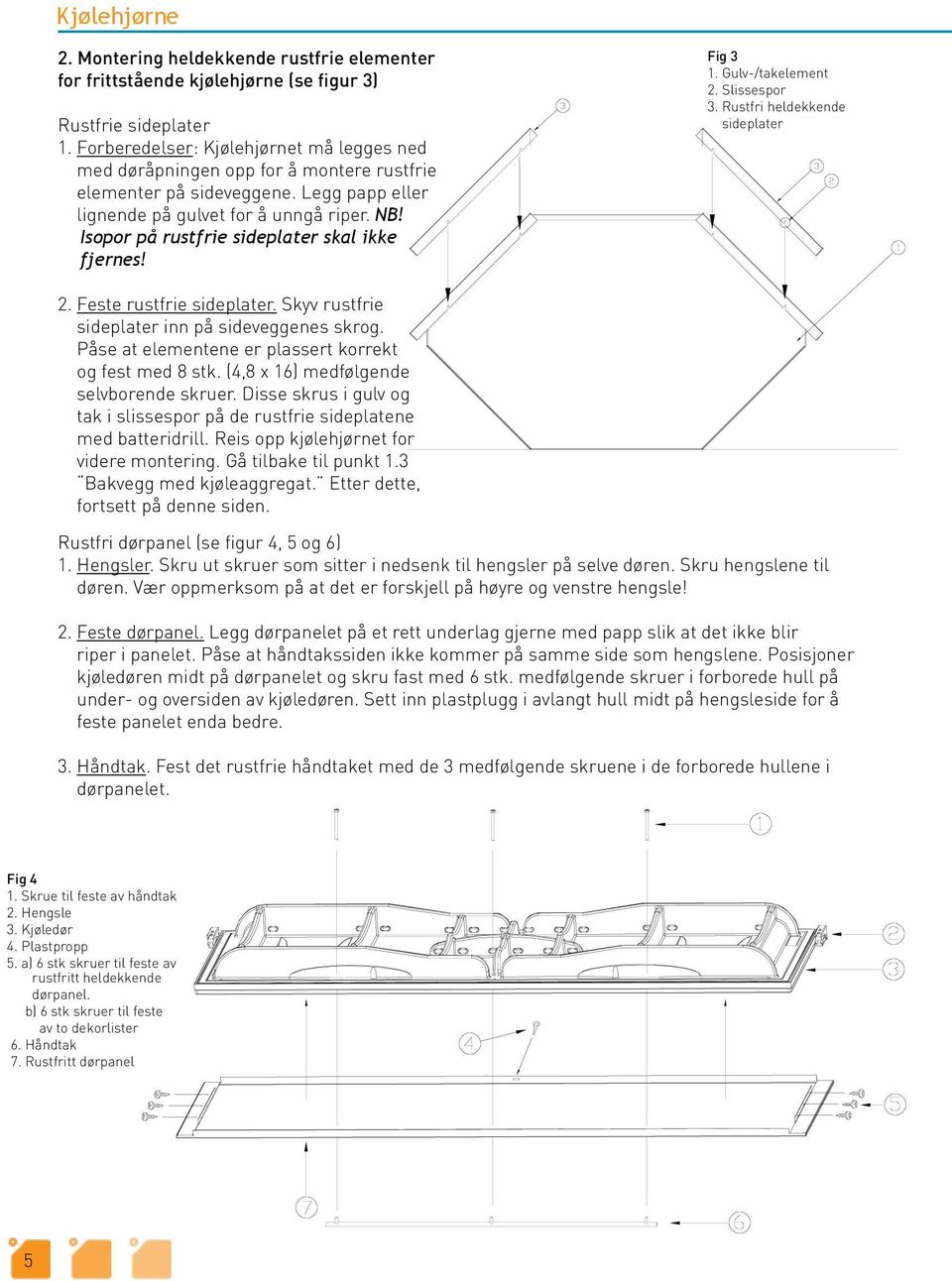 Isopor på rustfrie sideplater skal ikke fjernes! Fig 3 1. Gulv-/takelement 2. Slissespor 3. Rustfri heldekkende sideplater 2. Feste rustfrie sideplater.