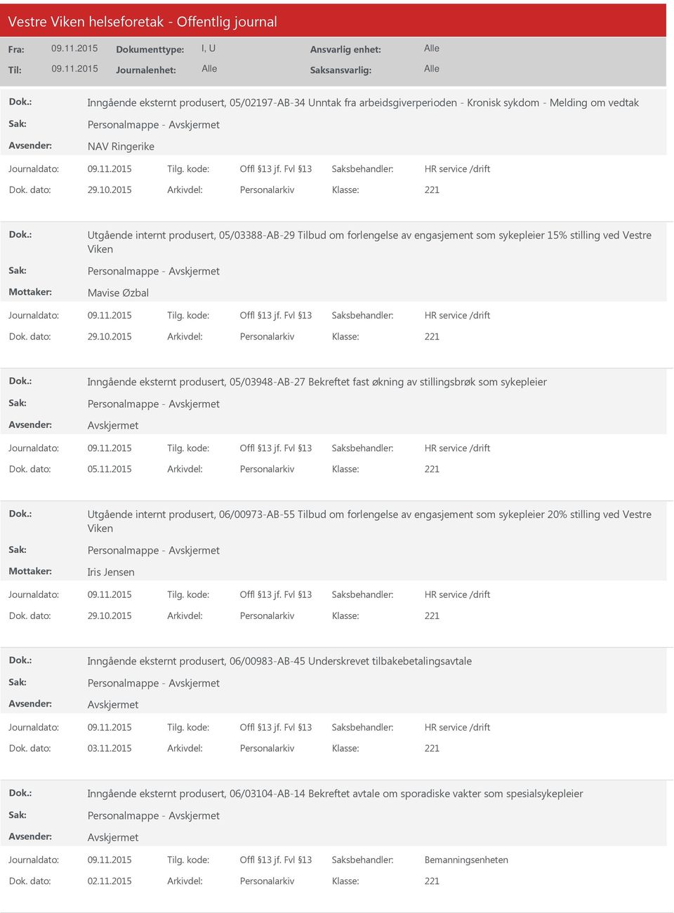 2015 Arkivdel: Personalarkiv Inngående eksternt produsert, 05/03948-AB-27 Bekreftet fast økning av stillingsbrøk som sykepleier Personalmappe - Dok. dato: 05.11.