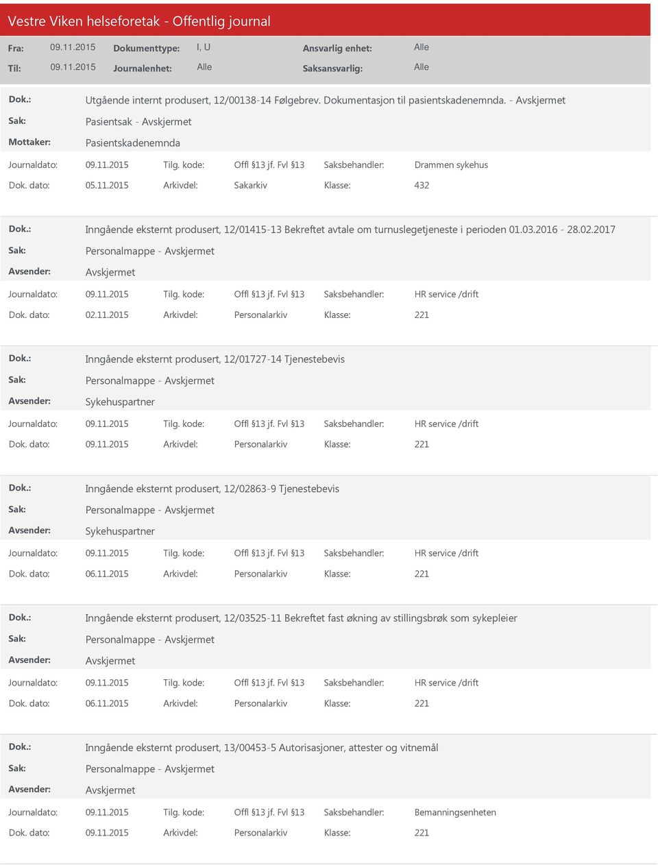 11.2015 Arkivdel: Personalarkiv Inngående eksternt produsert, 12/01727-14 Tjenestebevis Personalmappe - Sykehuspartner Dok.