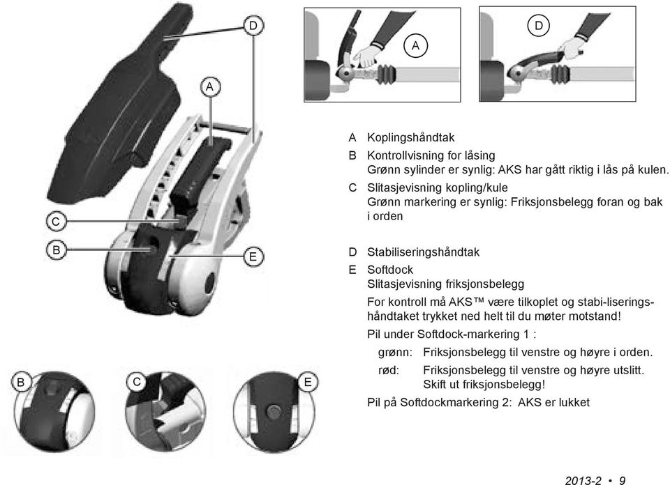 friksjonsbelegg For kontroll må AKS være tilkoplet og stabi-liseringshåndtaket trykket ned helt til du møter motstand!