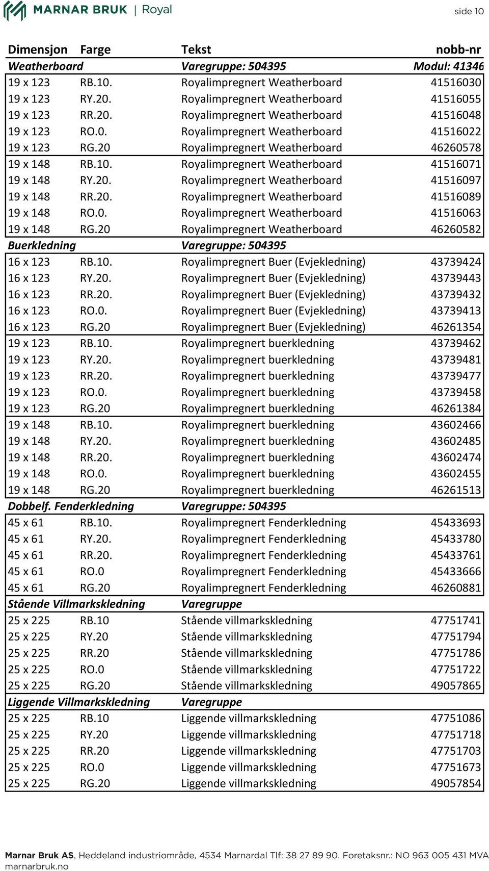 20. Royalimpregnert Weatherboard 41516089 19 x 148 RO.0. Royalimpregnert Weatherboard 41516063 19 x 148 RG.20 Royalimpregnert Weatherboard 46260582 Buerkledning Varegruppe: 504395 16 x 123 RB.10.