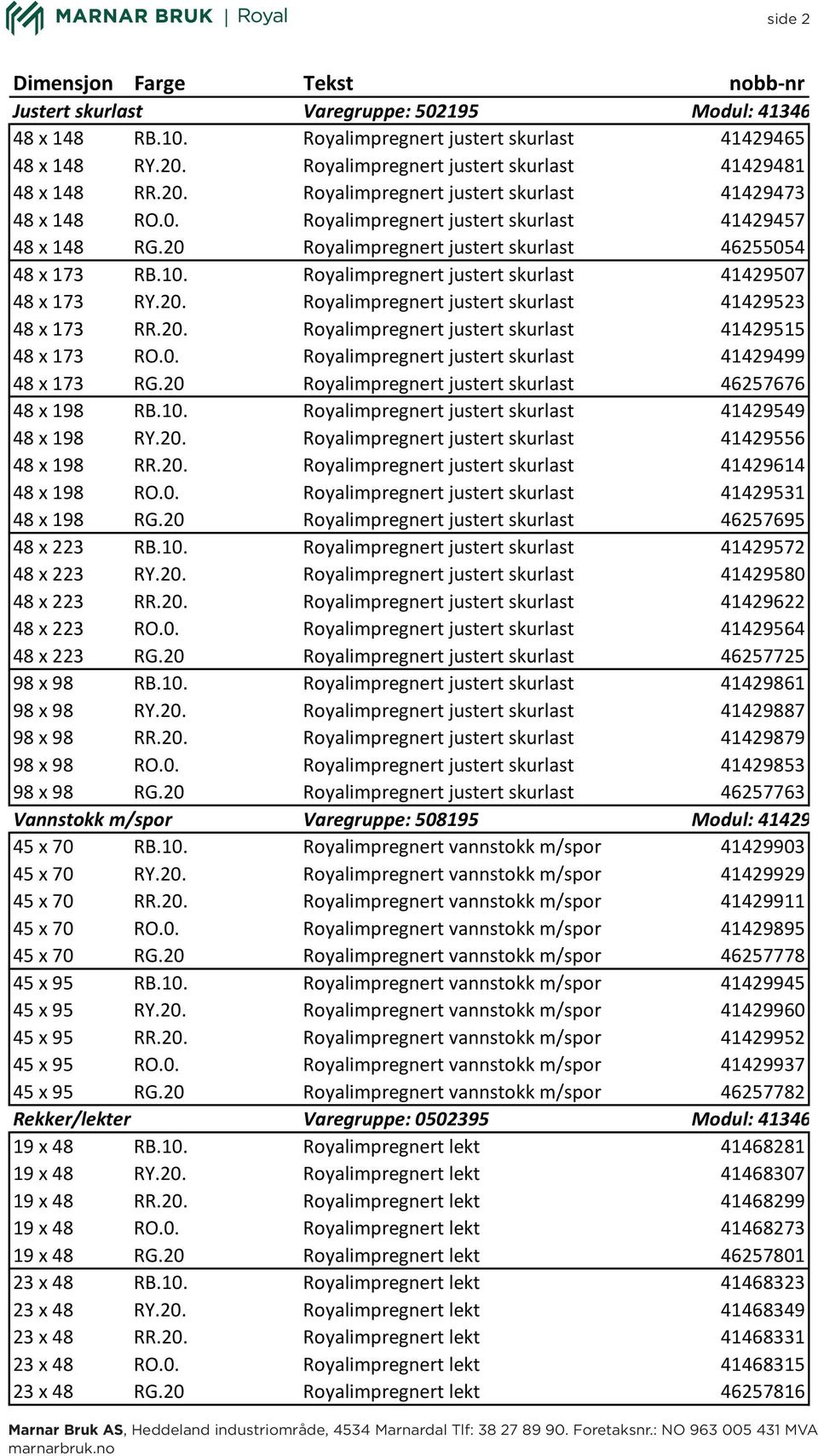 20 Royalimpregnert justert skurlast 46255054 48 x 173 RB.10. Royalimpregnert justert skurlast 41429507 48 x 173 RY.20. Royalimpregnert justert skurlast 41429523 48 x 173 RR.20. Royalimpregnert justert skurlast 41429515 48 x 173 RO.