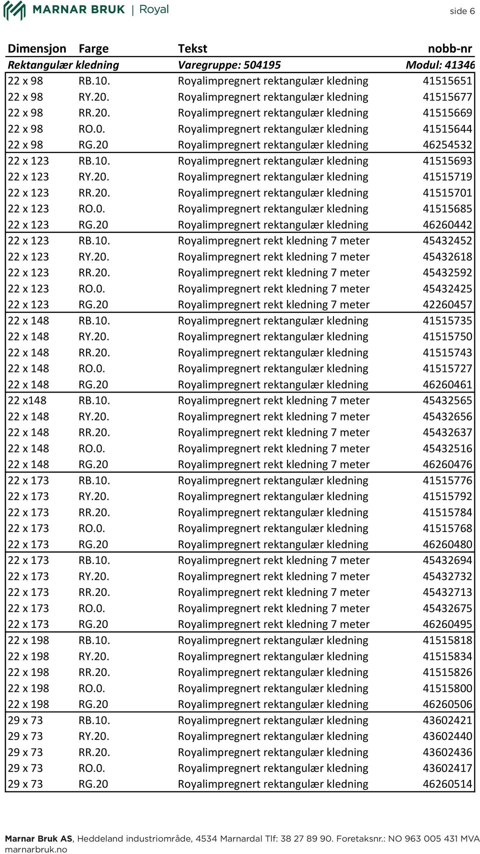 20 Royalimpregnert rektangulær kledning 46254532 22 x 123 RB.10. Royalimpregnert rektangulær kledning 41515693 22 x 123 RY.20. Royalimpregnert rektangulær kledning 41515719 22 x 123 RR.20. Royalimpregnert rektangulær kledning 41515701 22 x 123 RO.