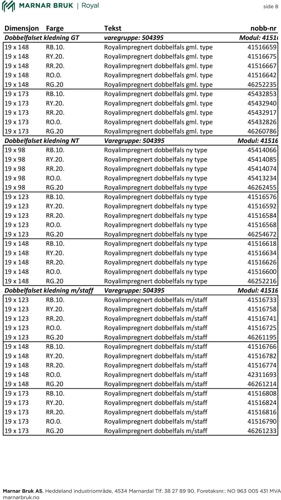 Royalimpregnert dobbelfals gml. type 45432853 19 x 173 RY.20. Royalimpregnert dobbelfals gml. type 45432940 19 x 173 RR.20. Royalimpregnert dobbelfals gml. type 45432917 19 x 173 RO.0. Royalimpregnert dobbelfals gml. type 45432826 19 x 173 RG.