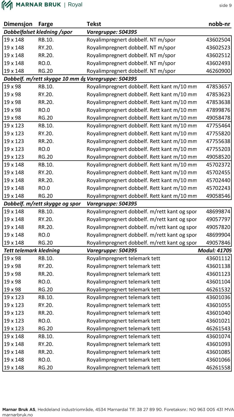 m/rett skygge 10 mm åpning Varegruppe: 504395 19 x 98 RB.10. Royalimpregnert dobbelf. Rett kant m/10 mm åpning 47853657 19 x 98 RY.20. Royalimpregnert dobbelf. Rett kant m/10 mm åpning 47853623 19 x 98 RR.