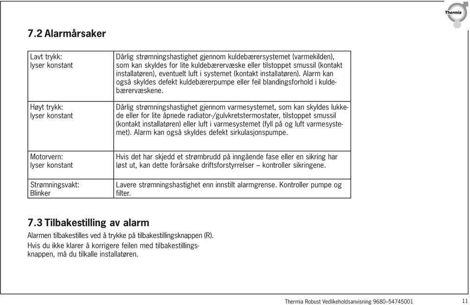 Dårlig strømningshastighet gjennom varmesystemet, som kan skyldes lukkede eller for lite åpnede radiator-/gulvkretstermostater, tilstoppet smussil (kontakt installatøren) eller luft i varmesystemet