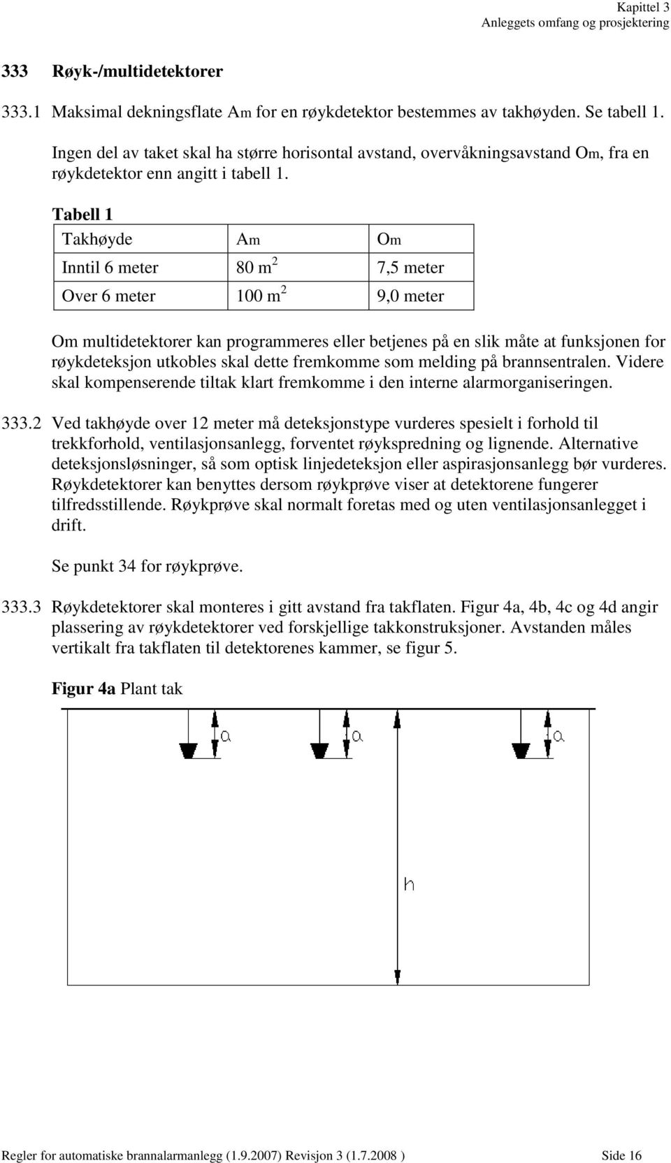 Tabell 1 Takhøyde Am Om Inntil 6 meter 80 m 2 7,5 meter Over 6 meter 100 m 2 9,0 meter Om multidetektorer kan programmeres eller betjenes på en slik måte at funksjonen for røykdeteksjon utkobles skal