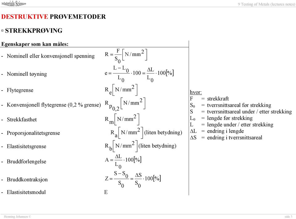 N / mm b 2 (liten betydning) - Bruddforlengelse L A 100% L 0 - Bruddkontraksjon S S 0 S Z 100 % S S 0 0 - Elastisitetsmodul E hvor: F = strekkraft S 0 = tverrsnittsareal før