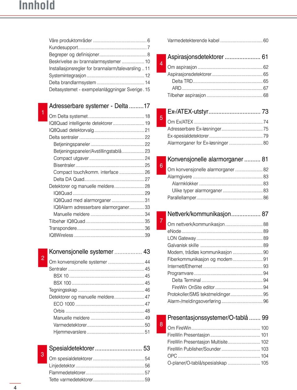 .. 65 ARD... 67 Tilbehør aspirasjon... 68 2 3 Adresserbare systemer - Delta...7 Om Delta systemet... 8 IQ8Quad intelligente detektorer... 9 IQ8Quad detektorvalg... 2 Delta sentraler.