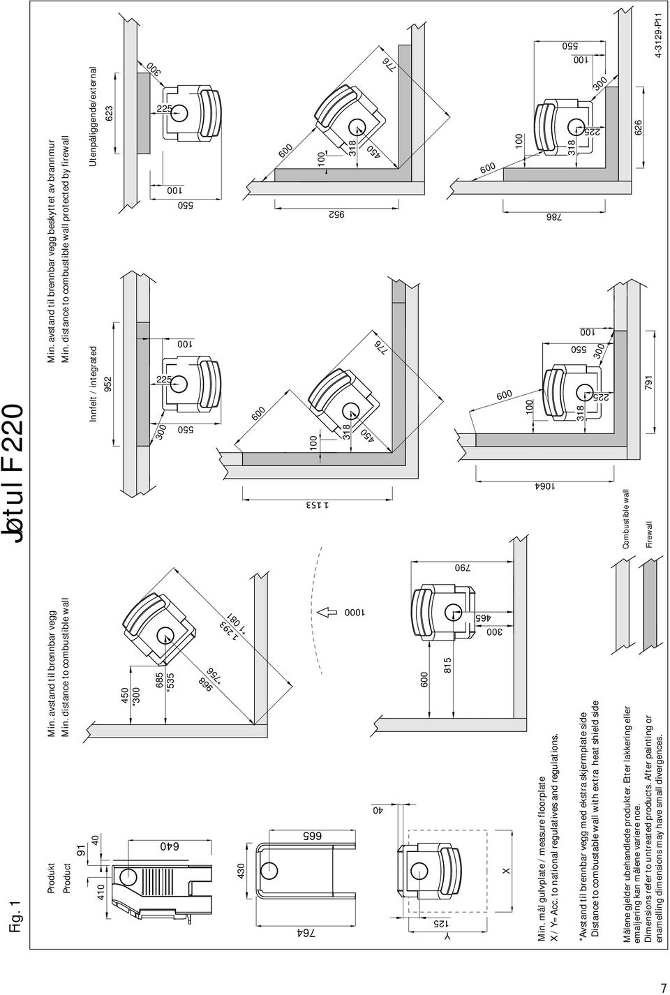 distance to combustible wall Målene gjelder ubehandlede produkter. Etter lakkering eller emaljering kan målene variere noe. Dimensions refer to untreated products.