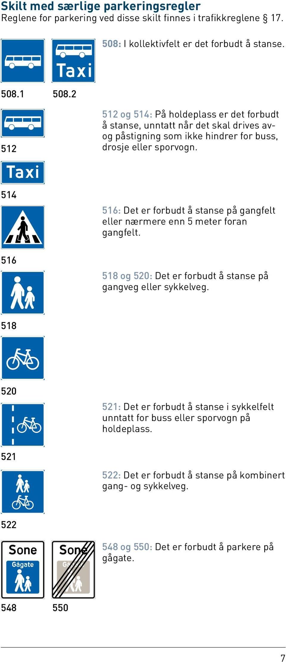 514 516 516: Det er forbudt å stanse på gangfelt eller nærmere enn 5 meter foran gangfelt. 518 og 520: Det er forbudt å stanse på gangveg eller sykkelveg.