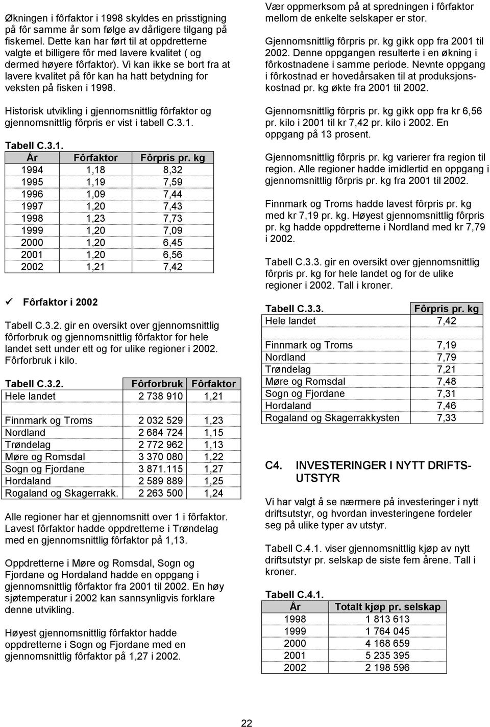 Vi kan ikke se bort fra at lavere kvalitet på fôr kan ha hatt betydning for veksten på fisken i 1998. Historisk utvikling i gjennomsnittlig fôrfaktor og gjennomsnittlig fôrpris er vist i tabell C.3.1. Tabell C.
